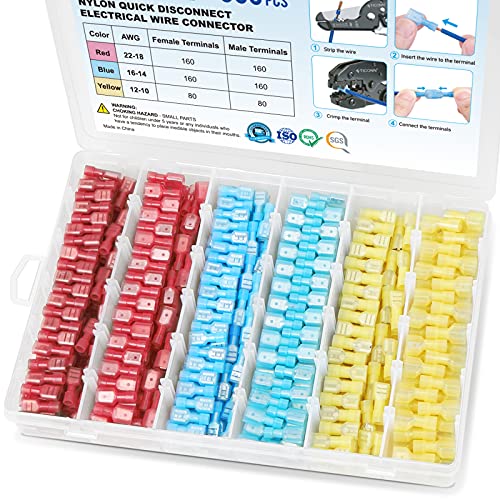 TICONN 800 Pcs Nylon Spade Quick Disconnect Connectors Kit, Electrical Insulated Terminals, Male and Female Spade Wire Crimp Terminal Assortment Kit - style: Combo 800Pcs