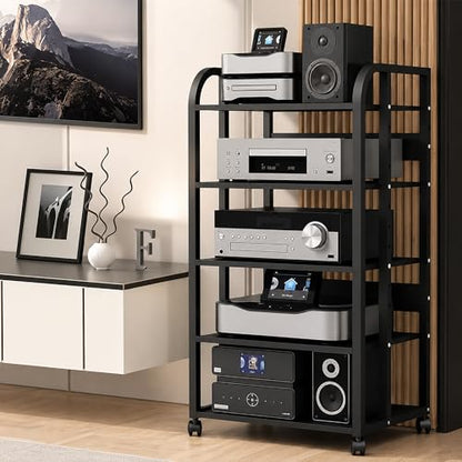 5 Tier Av Media Stand with Wheels, 39in Adjustable Audio Rack | Modern Stereo Racks And Stands, Audio-Video Shelving For Home, Office, Theater