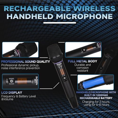 Rechargeable Dual Wireless Microphones System, Professional UHF 2X100 Channel Metal Wireless Microphone for Singing, Dj, Church, Karaoke, Handheld Vocal Dynamic Cordless Mic Long Range 300Ft