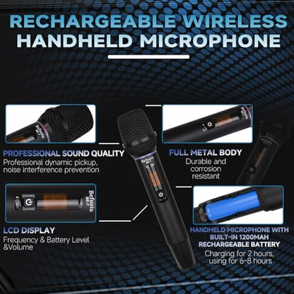 Rechargeable Dual Wireless Microphones System, Professional UHF 2X100 Channel Metal Wireless Microphone for Singing, Dj, Church, Karaoke, Handheld Vocal Dynamic Cordless Mic Long Range 300Ft