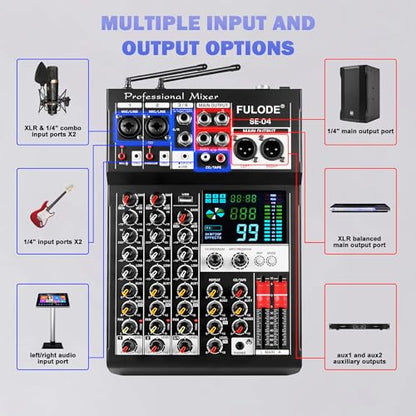 Audio Mixer, 4 Channel Sound Mixing Board With Dual Wireless Microphone & 99DSP, Professional DJ Console W/ MP3 Bluetooth 48V Phantom Power PAD USB Interface for Recording Home Karaoke Live Streaming