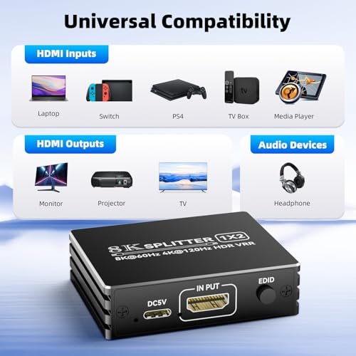 BolAAzuL HDMI 2.1 Splitter 1 in 2 Out 4K 120Hz w/ 8K HDMI Cable & Power | 8K 60Hz HDMI Y Splitter 1x2 with Audio Out for Dual Monitors Duplicate, HDCP 2.3 HDR 48Gbps VRR ALLM, for PS5/Xbox/PC/TV