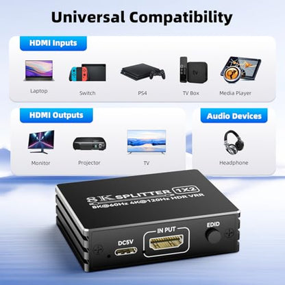 BolAAzuL HDMI 2.1 Splitter 1 in 2 Out 4K 120Hz w/ 8K HDMI Cable & Power | 8K 60Hz HDMI Y Splitter 1x2 with Audio Out for Dual Monitors Duplicate, HDCP 2.3 HDR 48Gbps VRR ALLM, for PS5/Xbox/PC/TV