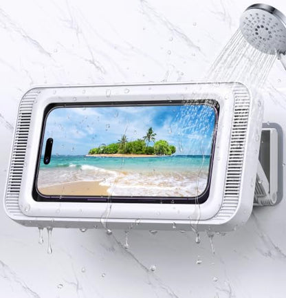Coolpow Shower Phone Holder Waterproof with Speaker Holes Wall Mount Case | 480° Adjustable, Enhanced Sound Quality Waterproof & Anti-Fog Bathroom Phone Holder Mount Stand, 4"-7" Phones - color: White