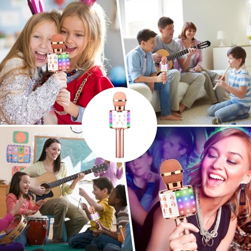 ShinePick Karaoke Microphone, 4 in 1 Wireless Microphone with LED Lights Handheld Portable Karaoke Machine, Home KTV Player, Compatible with Android & iOS Devices(Pink) - color: pink