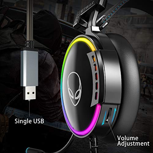 ETWAR EG100 USB Wired Gaming Headset for PC, 7.1 Surround Sound,Computer Headphones with Microphone/Mic Noise Cancelling, Video Gaming, RGB Flowing Light - for PS4, PS5,Laptop