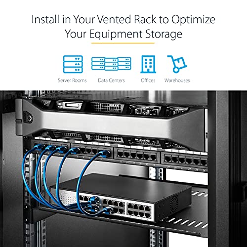 StarTech.com 1U Server Rack Shelf - Vented Rack Mount Cantilever Tray for 19" Network Rack & Cabinet, 44lb/20kg, 10" Deep | Universal 19in fit, Network rack and cabinet, SPCC cold-rolled steel, Perforated airflow, Front-mounted tray - size: 10", style: si