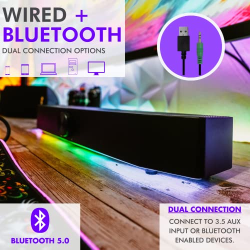 Tilted Nation Gaming Soundbar - Monitor Sound Bar for PC - RGB Computer Speakers for Desktop PC (Wireless or USB Wired) Crisp Audio and Adjustable LED