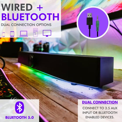 Tilted Nation Gaming Soundbar - Monitor Sound Bar for PC - RGB Computer Speakers for Desktop PC (Wireless or USB Wired) Crisp Audio and Adjustable LED