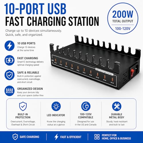 200W USB C Charging Station 10-Port Fast Charger for Multiple Devices, PD/QC Desktop Charging Hub for MacBook iPhone iPad Phones
