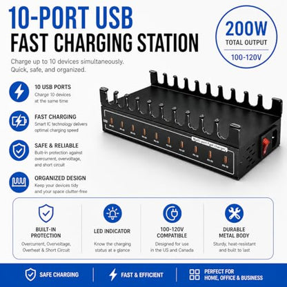 200W USB C Charging Station 10-Port Fast Charger for Multiple Devices, PD/QC Desktop Charging Hub for MacBook iPhone iPad Phones