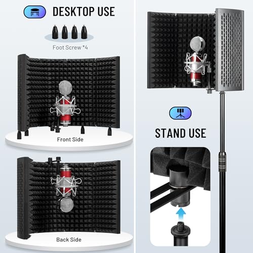 CAHAYA Microphone Isolation Shield Studio Mic Sound Absorbing Foam Professional Desktop or Mounted on Stand Recording Equipment Foldable 5-Panel Mic Isolator Panel for Condenser Microphone