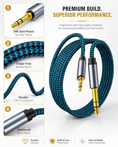 1/8 to 1/4 Stereo Audio Cable, 3.5mm to 6.35mm TRS Male Nylon Braided Cord for Guitar, Keyboard, Amplifier, Mixer, Home Theater 25FT - size: 25 ft