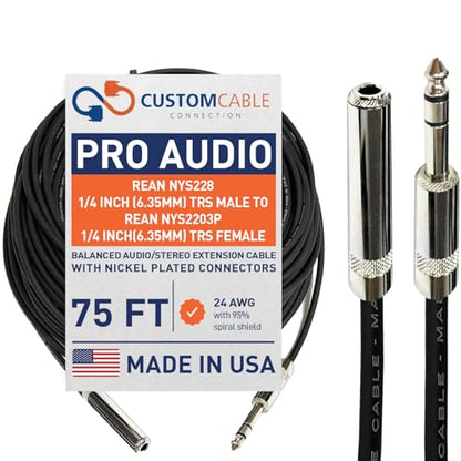 Custom Cable Connection 75 Foot Pro Audio REAN NYS228 1/4 inch (6.35mm) TRS Male to REAN NYS2203P 1/4 inch (6.35mm) TRS Female Balanced Extension Cable - size: 75 Foot, style: Male to Female Extension