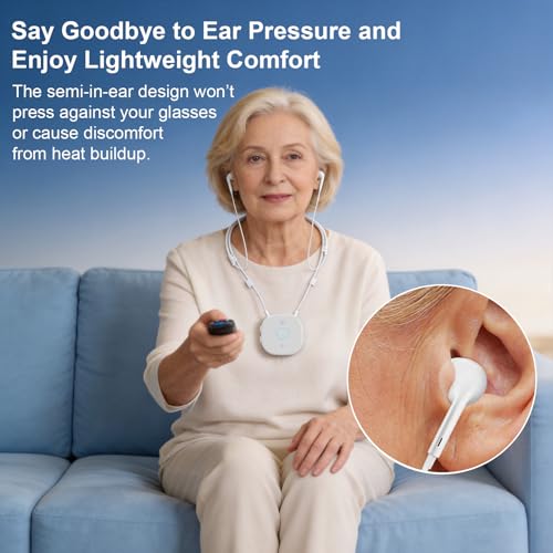 Neckband Earbuds with Independent L/R Volume Control, AptX LL, 100 ft Range, Large Buttons TV Headphones Wireless for Seniors Hearing, Semi-In-Ear Headphones Compatible USB/Optical/RCA/3.5mm Audio Out