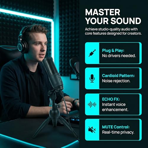USB Microphone, Cardioid Condenser Mic with Noise Cancellation | One-Click Mute & Echo Effect, USB Mic for PC/Mac, Plug & Play for Podcasting, Streaming, YouTube, Vocals, Meeting & Gaming