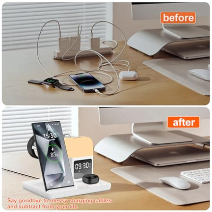 Wireless Charger for Samsung/Android Charging Station, 6 in 1 Fast Watch Charger with Alarm Clock-Night Light, Compatible for Galaxy S25 Ultra/S24, Only for Samsung Watch8/7, Galaxy Buds3 Pro(White) - color: White
