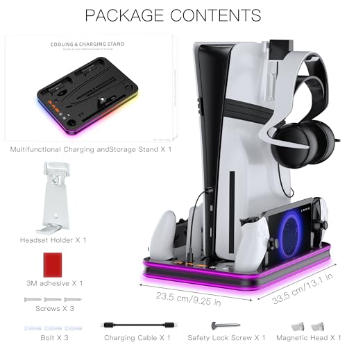 Charging Dock and Cooling Stand Compatible with PS5/PS5 Slim/PS5 Pro, DualSense & Edge Controller Charger, PS Portal Charging Station with LED Lights, Headset Holder（Black） - color: Black