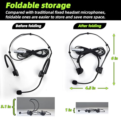 MRSDY Foldable Headset Microphone for Shure Wireless System, Omnidirectional Condenser Double Over Ear Headworn Mic, 4-Pin Mini XLR, Cable Length 42 Inch (Black) | Noise Reduction, Clear Sound, Omnidirectional Condenser Double Over Ear Headworn Mic, 4-Pin