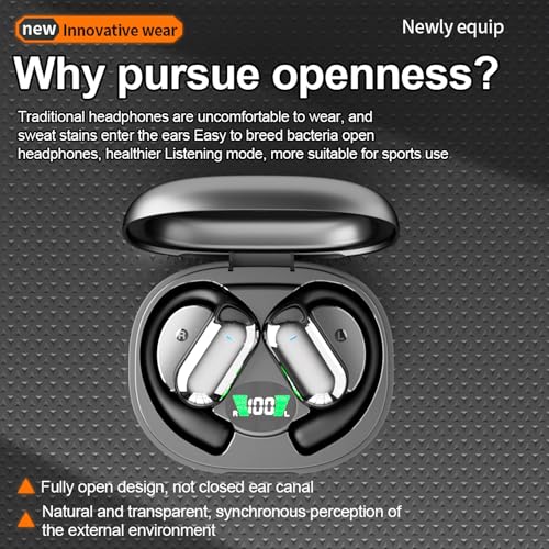 Open-Ear Wireless Headphones Bluetooth Earbuds LED Power Display Charging Case Ear Buds Earhook Over-Ear Earphones for Workout Sports TV Phone Laptop (Black) - color: #01Black