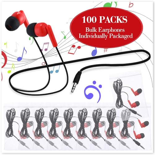 Kanayu 100 Pack Wired Earbuds Bulk for Classroom, 3.5MM No Mic,Red | Student Headphones for School Library Laptop, Individually Bagged Earphones with Jack for Training and Group Learning - color: Red