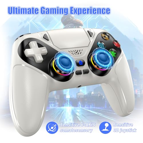 Gamrombo LED Wireless Controller for PS5, Compatible with PS5 Pro/Slim/PC, Dual Vibration, Macro/Turbo Function, 3.5mm Audio Jack, 6-Axis Motion Control Gamepad with Speaker(White) - color: White