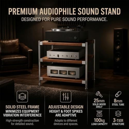 Audio Rack Tower with Adjustable Solid Wood Shelves, Metal Frame Media Rack, AV Media Stand for Stereo Components, Record Player, CD Player, Office, Living Room - size: 60x51x70cm/23.6x20x27.5in