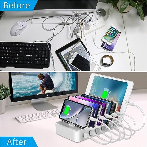 여러 장치용 충전 스테이션, 50W 6 USB 포트 패밀리 충전기, 애플 아이폰 아이패드 및 안드로이드 폰 및 태블릿과 호환 - color: USB 포트 6개 및 화이트