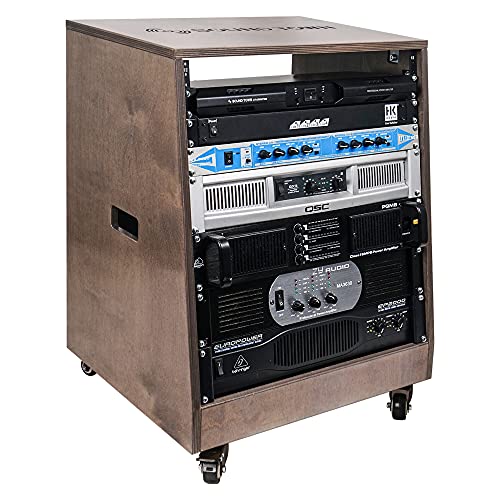 Sound Town DIY Solid Baltic Birch Plywood Slanted 12U Studio Rack, Weathered Brown, Rubber Feet, Casters (SDRK-12TB) - size: 12U,Weathered Brown