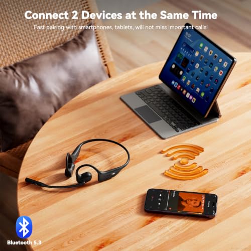 Open Ear Headphones with Mic, Dual Connection Bluetooth Headset with Microphone (AI Noise Cancelling), Bluetooth 5.3 Headphones with Mic, Sweatproof Wireless Headset with Mic for Work, Workout, Call