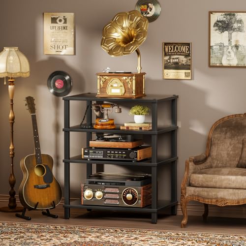 4-Tier AV Media Player Stand, Black Stereo Cabinet, Modern Stereo Cabinet, Wooden TV Stand,Game Console Shelf, Multifunctional Entertainment Center, Suitable for Home, Conference Room - color: Black, size: 4 Tier