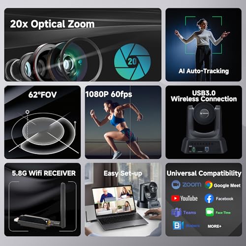 TONGVEO Wireless AI PTZ 20X Zoom Camera with Auto-Tracking: Built-in 5.8GHz Receiver for Cable-Free Setup, 1080P 60fps Conference Camera for Church Services, Online Classes & Hybrid Meetings - color: Gloss