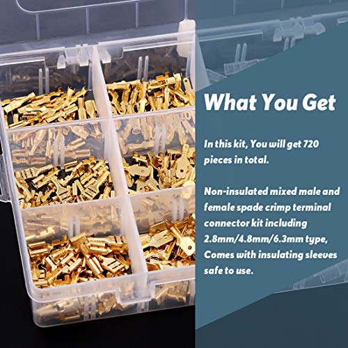 Glarks 720Pcs 2.8mm 4.8mm 6.3mm Male and Female Wire Spade Connector and Insulating Sleeve Assortment Kit Copper Wire Crimp Terminal Block with Nylon Sleeve Set for Car Audio Speaker - style: 720Pcs Golden Spade Connector