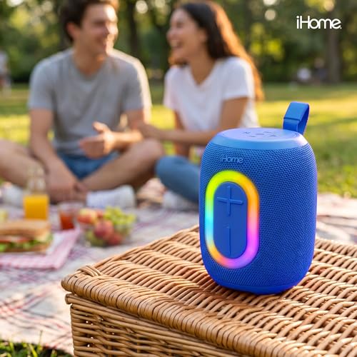 iHome Quest Wireless Portable Bluetooth Speaker with RGB Light | Water-Resistant, Built-In Carry Strap, TWS Pairing, Rechargeable Battery, USB-C Cable Included, True Stereo, Bluetooth 5.3 - color: Blue