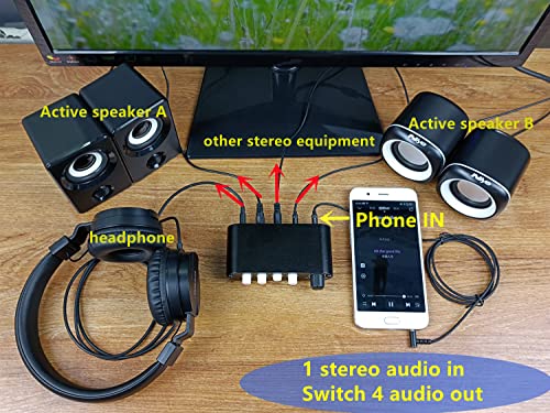 4-Way 3.5mm Stereo Audio Switch input Signal Source Switcher Selector Splitter Box with line volume controller (4 in 1 out / 1 in 4 out) -MC41 - color: 4-port 3.5mm Switch with volume
