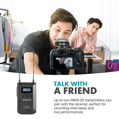 Movo WMX-20-RX Receiver for Wireless Lavalier Microphone System - For WMX-20 UHF Wireless Microphone System - Pairs w/ 2x Lapel Microphone Wireless Transmitters - Headphone Monitoring for Wireless Mic