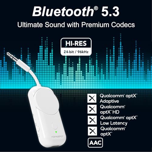 Bluetooth 5.3 Airplane Adapter, Rotary Volume, aptX Low Latency & Adaptive, 25 Hrs, Use with Any 3.5mm Jack on Airplanes, TVs, Car, Gym, Ideal for AirPods, Headphones and More, White - color: White