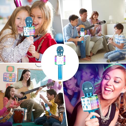 ShinePick Karaoke Microphone, 4 in 1 Wireless Microphone with LED Lights Handheld Portable Karaoke Machine, Home KTV Player, Compatible with Android & iOS Devices(Blue) - color: blue