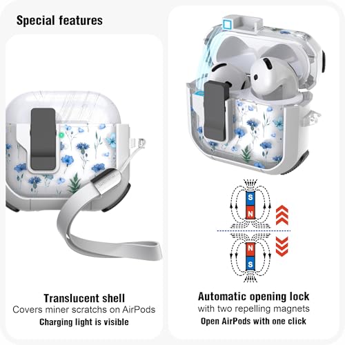 WENEW Case for AirPods 4th Case Cover Secure Lock Automatic Snap Switch Clip Cleaner Kit Lanyard Women Stylish Flower Armour Hard Shell Full Body Front LED Visible (Blue Flower, AirPods 4th) - color: Blue Flower, size: AirPods 4