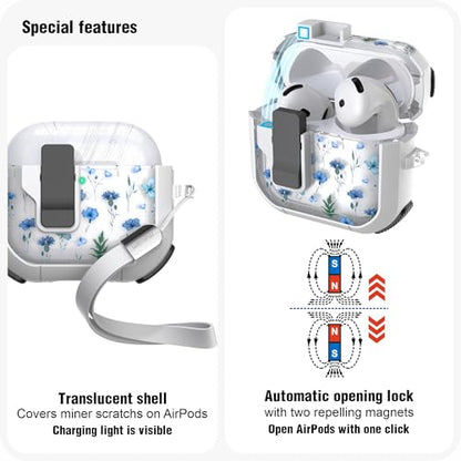 WENEW Case for AirPods 4th Case Cover Secure Lock Automatic Snap Switch Clip Cleaner Kit Lanyard Women Stylish Flower Armour Hard Shell Full Body Front LED Visible (Blue Flower, AirPods 4th) - color: Blue Flower, size: AirPods 4