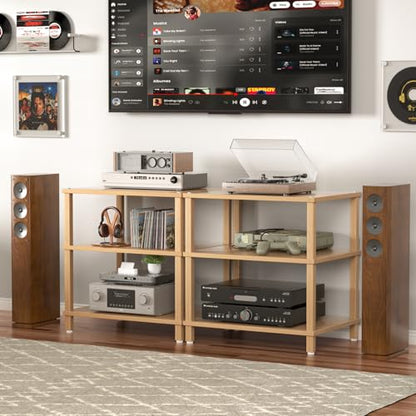 LELELINKY 3-Tier AV Media Player Stand Set of 2, Natural Stereo Cabinet, Wooden TV Stand,Game Console Shelf, Multifunctional Entertainment Center, Suitable for Home, Conference Room, Game Studio - color: Natural, size: 3 Tier