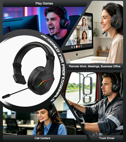 Wireless One Ear Headset with Mic, Single Ear Trucker Headset for PC/Computer/Laptop/Mac/iPad/iPhone/Android/Switch, Gaming Headphones with RGB Light, Mute Button for Truck Driver, Office Work, Chat