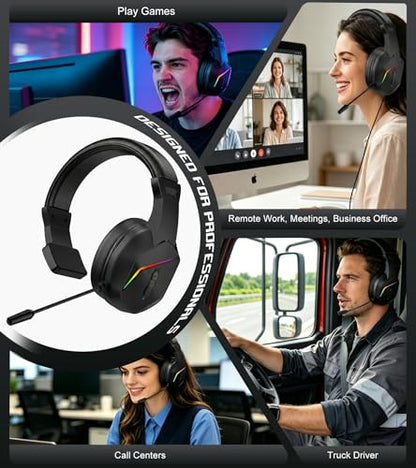 Wireless One Ear Headset with Mic, Single Ear Trucker Headset for PC/Computer/Laptop/Mac/iPad/iPhone/Android/Switch, Gaming Headphones with RGB Light, Mute Button for Truck Driver, Office Work, Chat