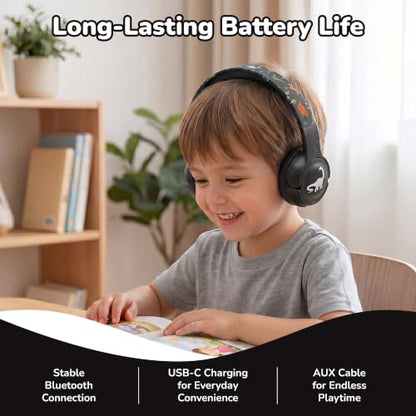 Kids Safe Wireless Light Up Headphones, Foldable Tangle-Free 3.5mm Jack, Volume Limiting 85/94dB, Over-Ear with Microphone for School/Toddlers/Teens/Boys/Girls/Ipad/Tablet/Kindle/Phones/Travel/Plane - color: Black