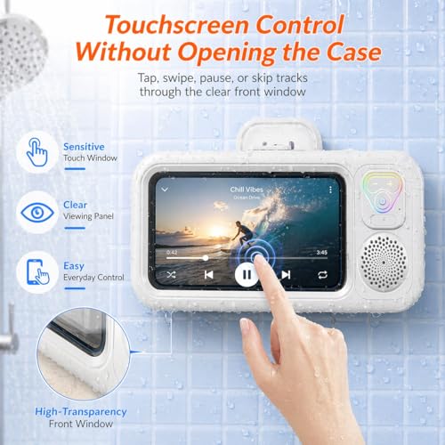 Water-Resistant Shower Phone Holder with Bluetooth Speaker, Wall Mounted Bathroom Phone Mount for Smartphones up to 7”, Touchscreen Compatible, Hands-Free for Shower & Kitchen (White Light-Up Button) - color: White Light-Up Button
