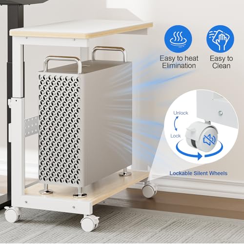 Height Adjustable Computer Tower Stand, 2-Tier ATX-Case CPU Holder with Mouse Pad & Headphone Stand, Mobile PC Standing Under Desk, Home Office Gaming Accessories, Computer Cart Wheels, Maple - color: Maple