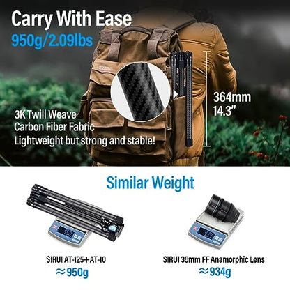 SIRUI Carbon Fiber Tripod Lightweight 2lbs with Panoramic Fluid Head, 59.8” Compact Camera Tripod Quick Release Leg Setup, Reversible Center Column, Reverse Folding Legs, Max Load 11lbs - Traveler X - size: Fluid Head/AT-10
