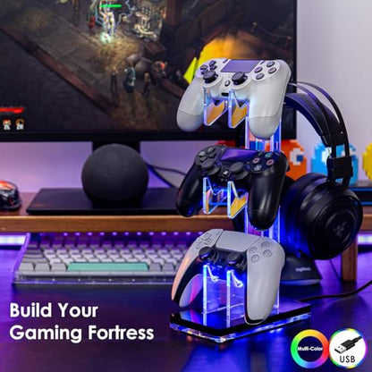 OAPRIRE Controller Holder Headset Stand with Lights, 3 Tier Acrylic Gaming Controller Stand Compatible with PS4, PS5, PC, Switch, Universal Design (Black) - color: Black, size: 3 Tier-Lights