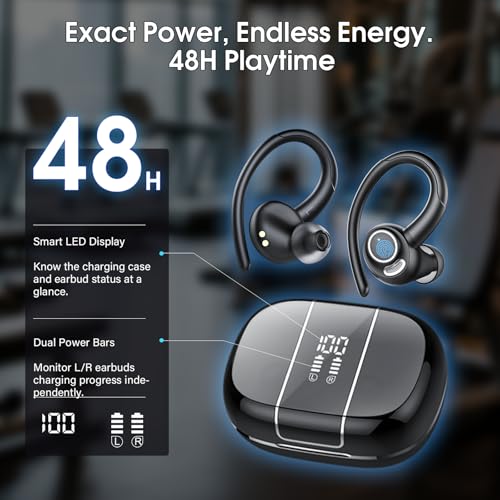 Wireless Sports Earbuds with Secure Earhook, 48H Deep Bass/ENC Mic Ear Buds | Wireless Earphone with LED Display, Bluetooth 5.3 Headphones In Ear, IPX7 Waterproof Over Ear Buds for Running/Workout - color: Black