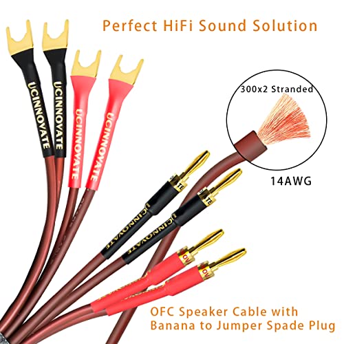 UCINNOVATE 2 Pack HiFi OFC Speaker Cable with Banana Plug to Jumper Spade, Banana Plug to U Fork Plug 14AWG Speaker Wire Cord Jumper Bridge Cable for Speaker Amplifier (6.56FT) - style: 2x 2m OFC Speaker Cables